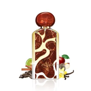 hayaatim perfume bottle surrounded with vanilla and pulm against white background