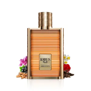 karus amber gold perfume bottle surrounded with rose and oud against white background