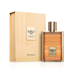 karus amber gold perfume bottle with box against white background