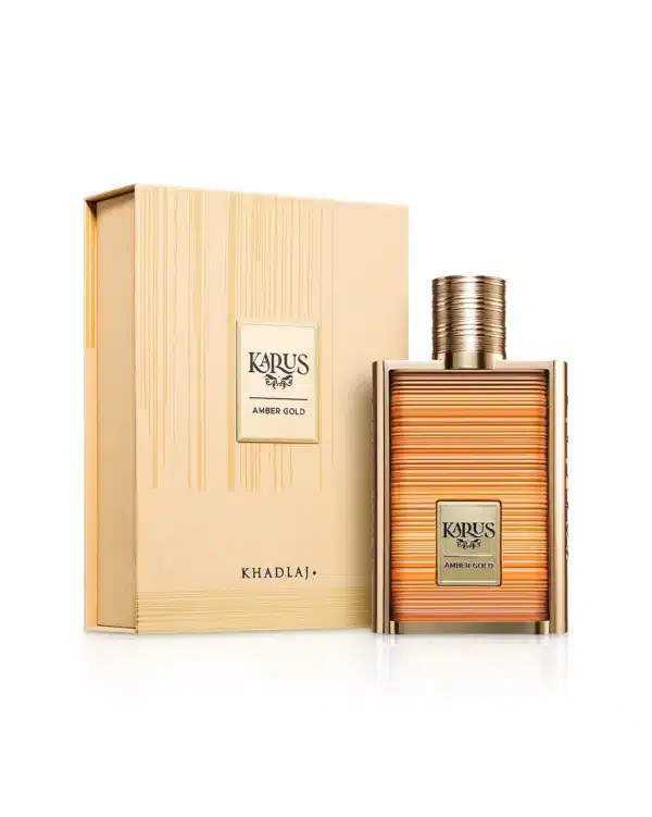 karus amber gold perfume bottle with box against white background