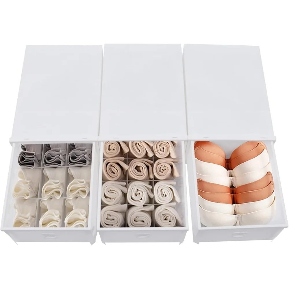 Stackable Wardrobe Organiser Pack of 3 Drawer Boxes Plastic Storage Box Set Drawer Stackable for Clothes Bedroom