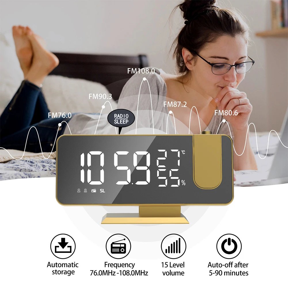 Projection Alarm Clock with FM Radio Projector Bedside Alarm Clock Timing Adjustable Brightness Dimmable for Home Bedroom Office Projection Alarm Clock with FM Radio Projector Bedside Alarm Clock Timing Adjustable Brightness Dimmable for Home Bedroom Office