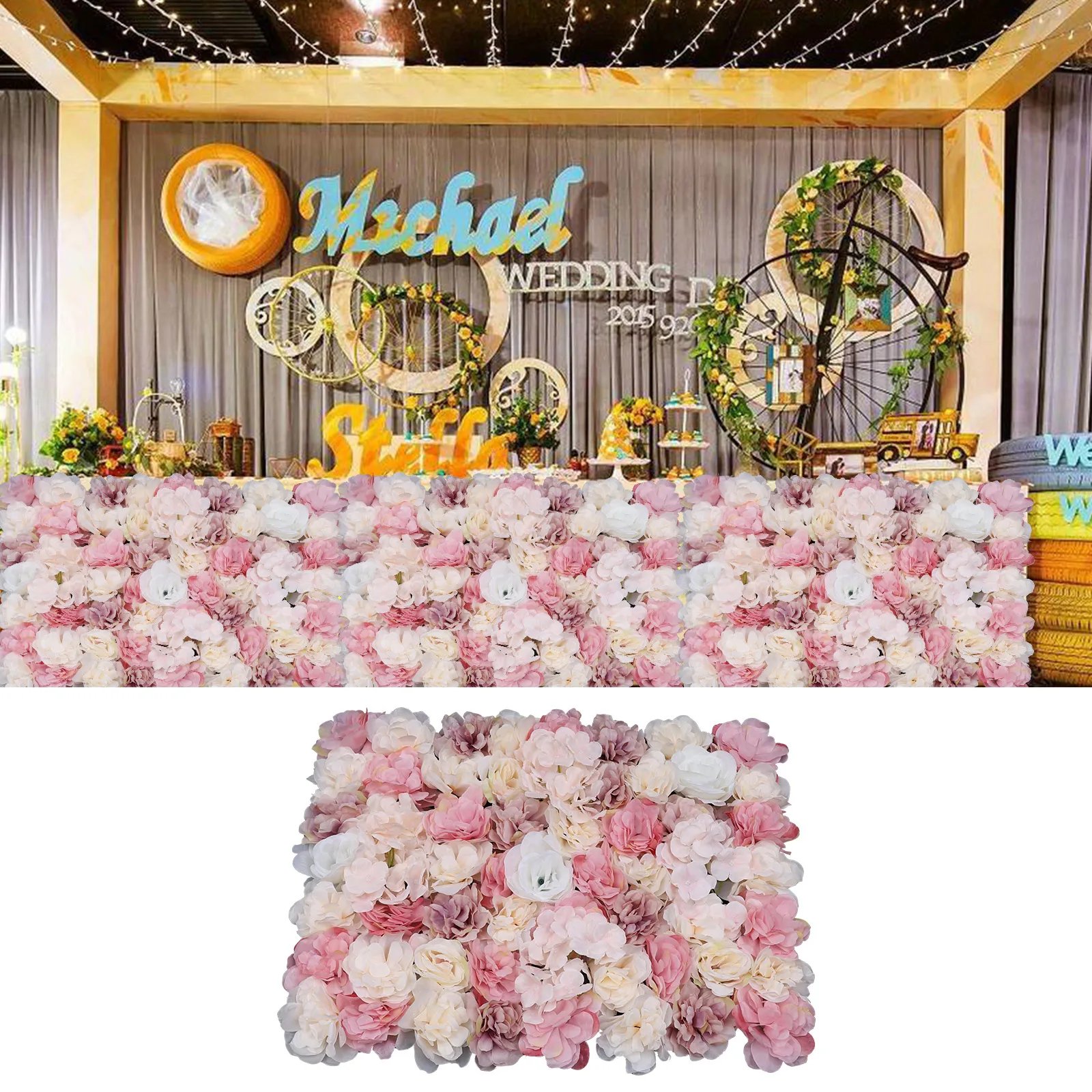 12pcs Premium Silk Flower Artificial Hydrangea Rose Flower Wall Panel Bouquet Floral Home Decor Panel Backdrop Wedding Party