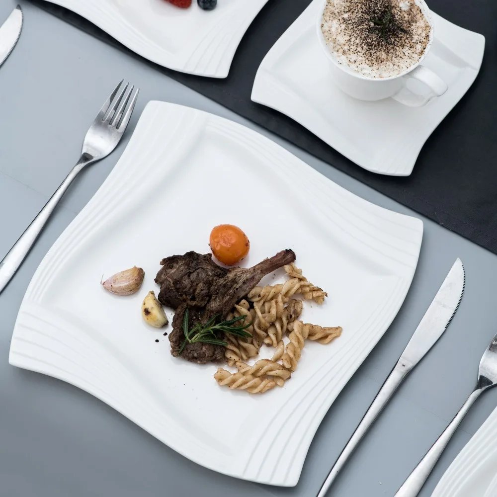 MALACASA 30/60 Piece White Porcelain Dinnerware Set with 6PCS Cups Saucers Dessert Soup Dinner Plates Service for 6/12 Persone