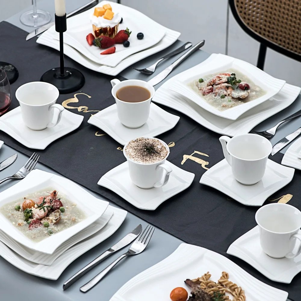 MALACASA 30/60 Piece White Porcelain Dinnerware Set with 6PCS Cups Saucers Dessert Soup Dinner Plates Service for 6/12 Persone