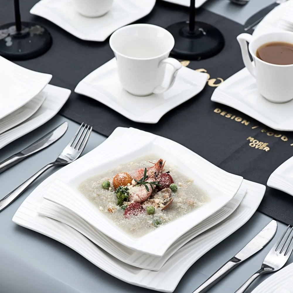 MALACASA 30/60 Piece White Porcelain Dinnerware Set with 6PCS Cups Saucers Dessert Soup Dinner Plates Service for 6/12 Persone