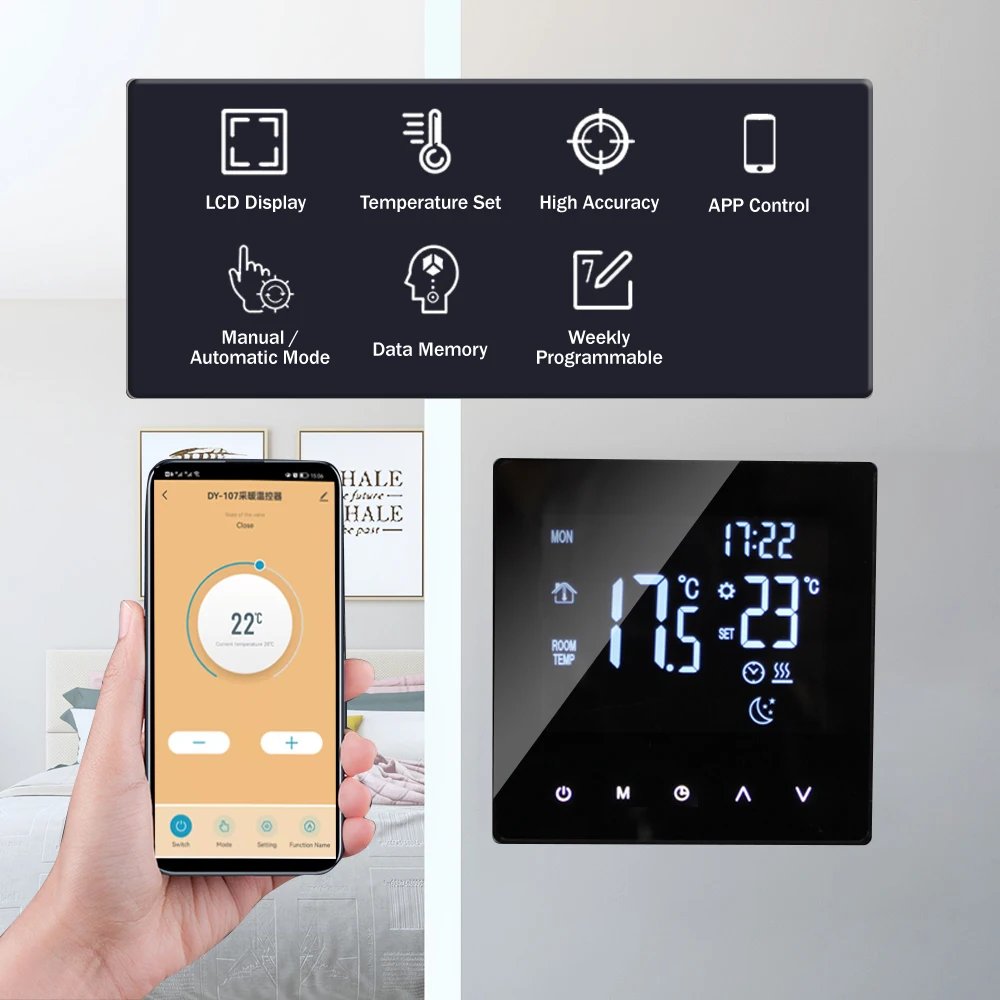 WiFi Smart Thermostat Temperature Controller for Water Heating LCD Display Touch Screen Week Programmable App Control Underfloor