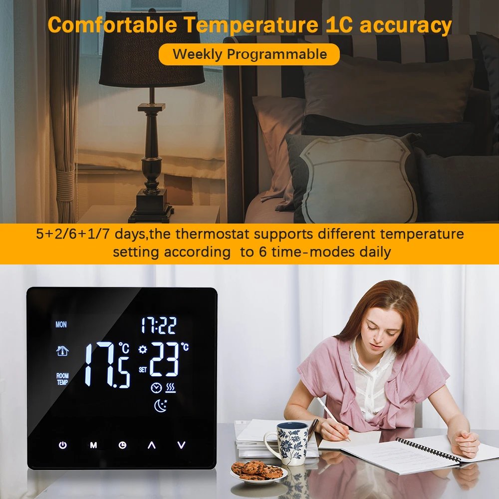 WiFi Smart Thermostat Temperature Controller for Water Heating LCD Display Touch Screen Week Programmable App Control Underfloor