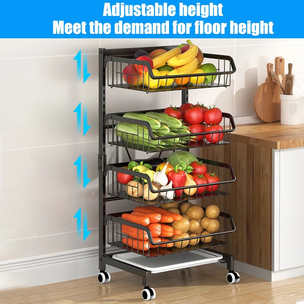 4-Tier Kitchen Carts on Wheels Adjustable Metal Large Capacity Fruit Vegetable Storage Basket Pantry Utility Cart with Wooden