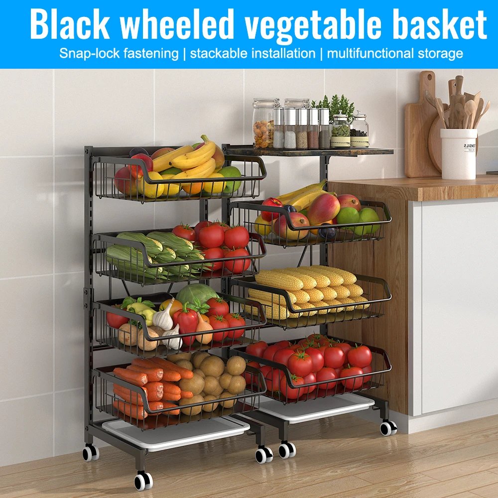 4-Tier Kitchen Carts on Wheels Adjustable Metal Large Capacity Fruit Vegetable Storage Basket Pantry Utility Cart with Wooden