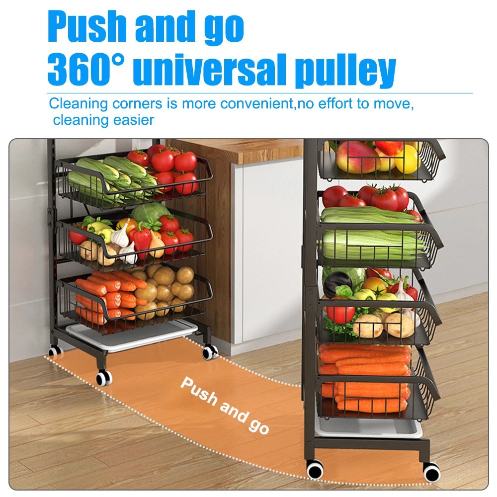 4-Tier Kitchen Carts on Wheels Adjustable Metal Large Capacity Fruit Vegetable Storage Basket Pantry Utility Cart with Wooden