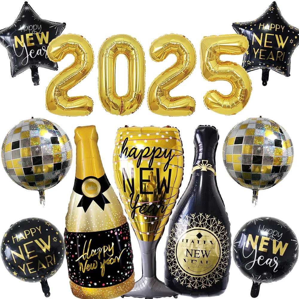 Happy New Year Balloons 2025 New Years Eve Decor Champagne Bottle Star Balloon New Years 2025 Balloon New Year Party Supplies