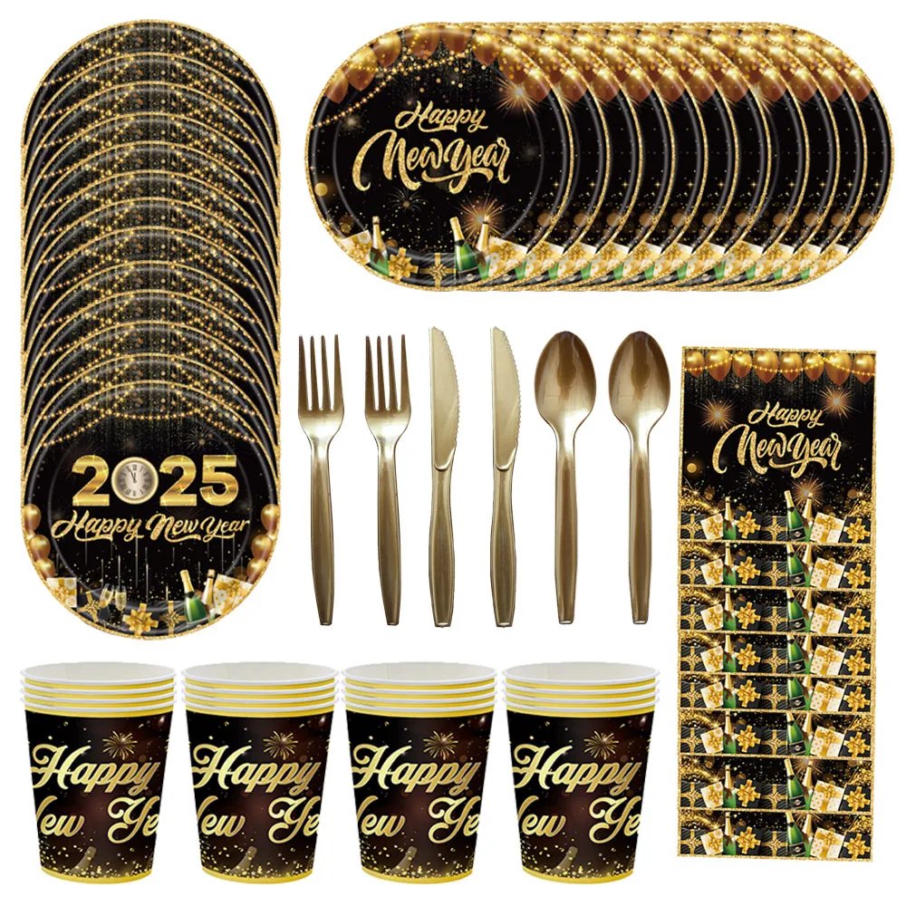2025 New Year's Eve Black Golden Disposable Tableware Paper Plates Cups Napkins 2025 Happy New Year Party Decoration Supplies 2025 New Year's Eve Black Golden Disposable Tableware Paper Plates Cups Napkins 2025 Happy New Year Party Decoration Supplies