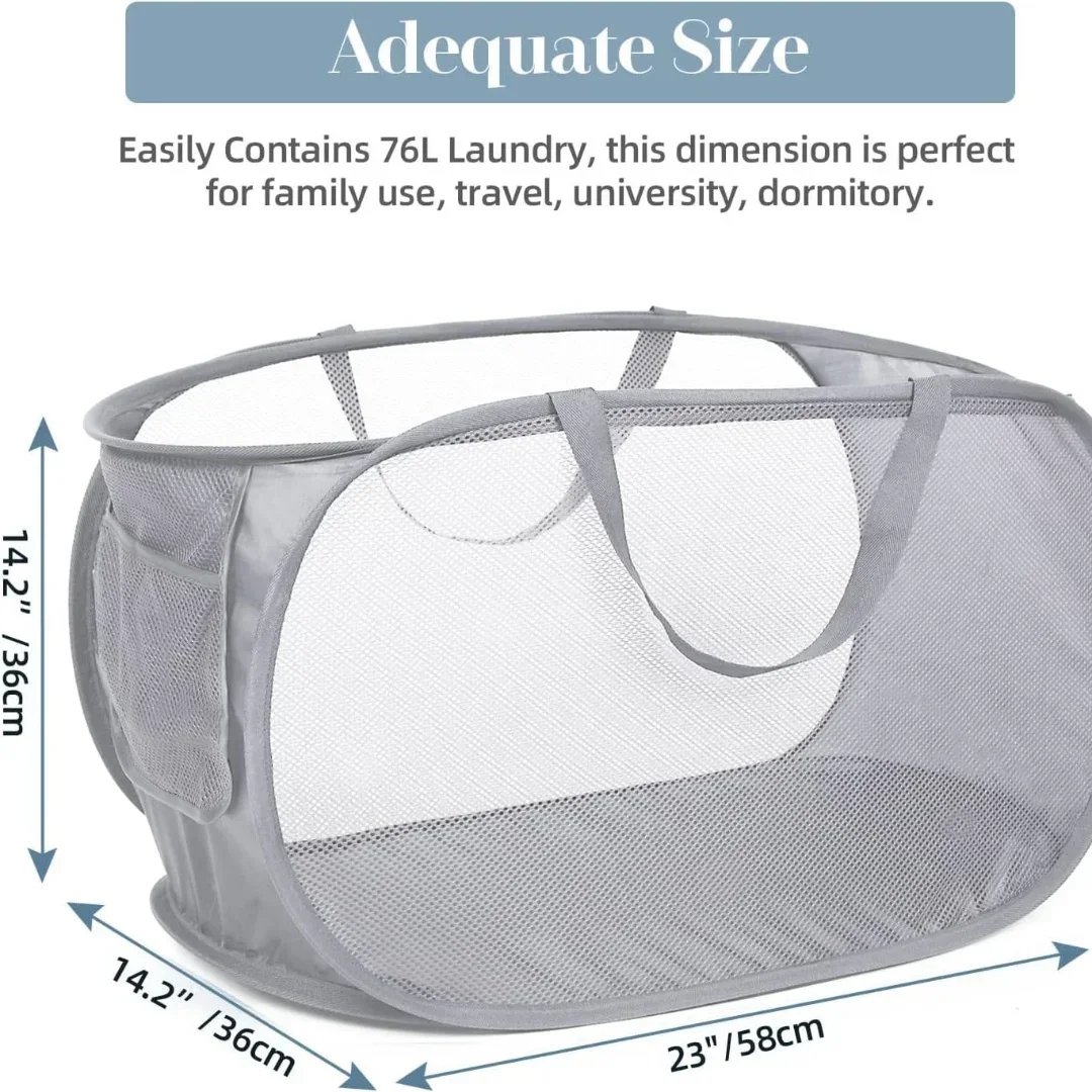 Durable Collapsible Laundry Basket, Mesh Pop Up Laundry Hamper With Side Pocket, Foldable Clothes Storage Hamper With Reinforced