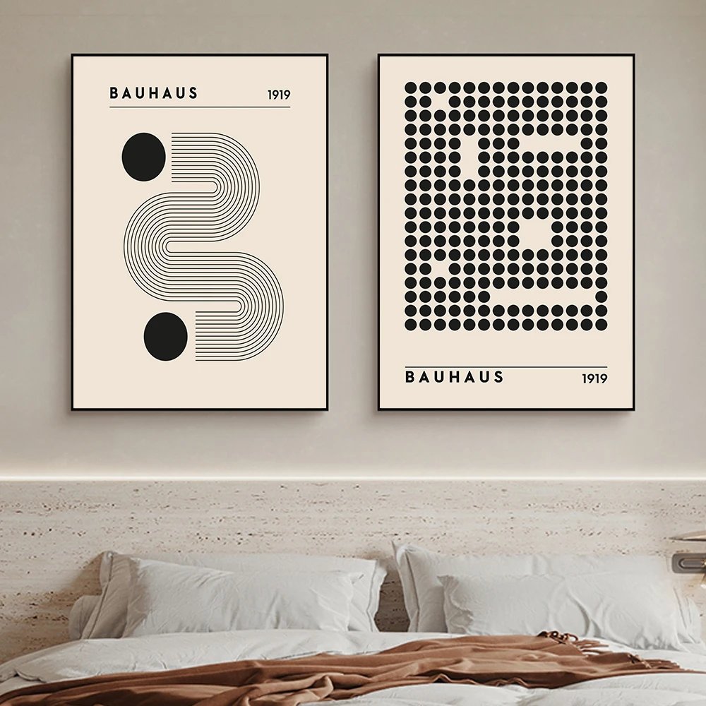 Abstract Bauhaus Style Geometric Wall Art Posters Prints Picture Vintage Black Beige Line Canvas Paintings For Modern Home Decor