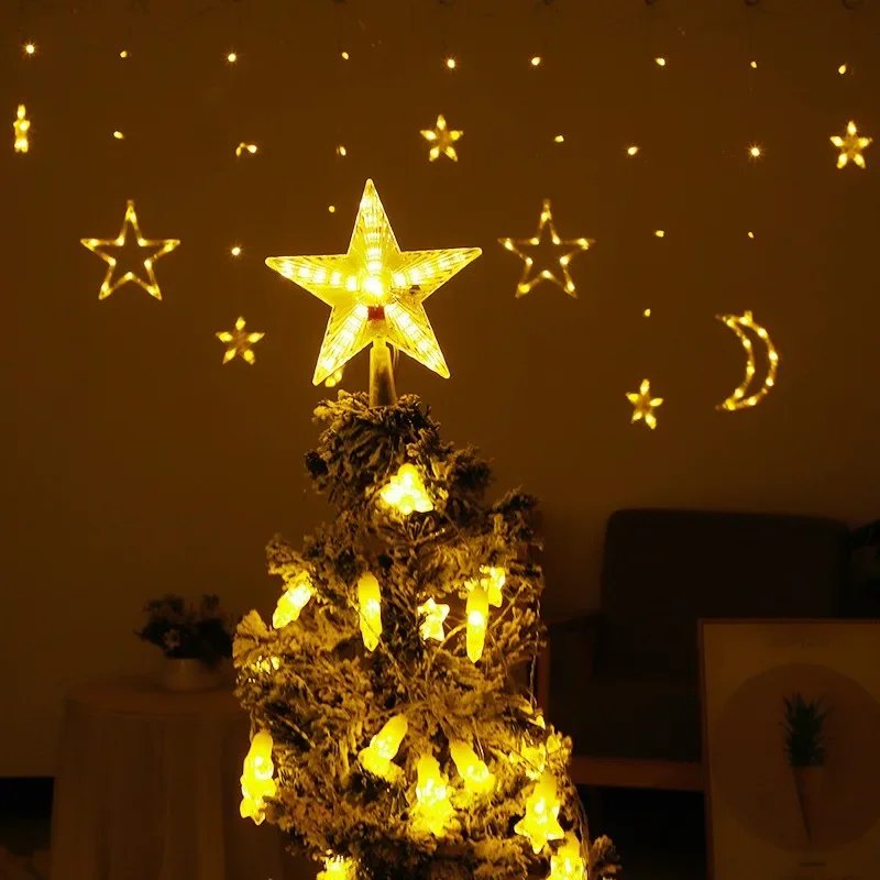 Christmas Star Tree Topper Lights LED Glowing Star Lamp Sparkling Night Light Xmas Tree Top Ornaments New Year Home Party Decor