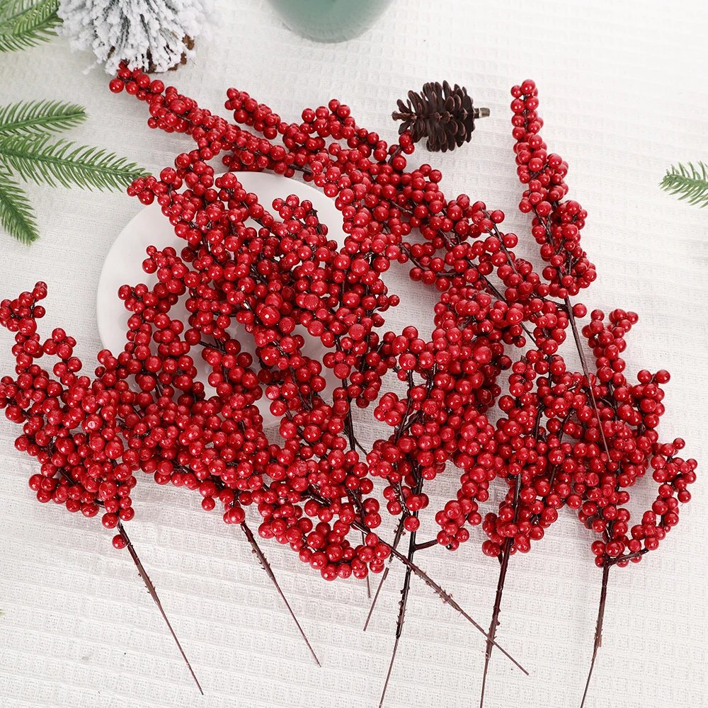 10/1Pcs Artificial Red Berries Christmas Holly Berry Branches Xmas Tree Ornaments Fake Plants For Home Navidad Party Decoration