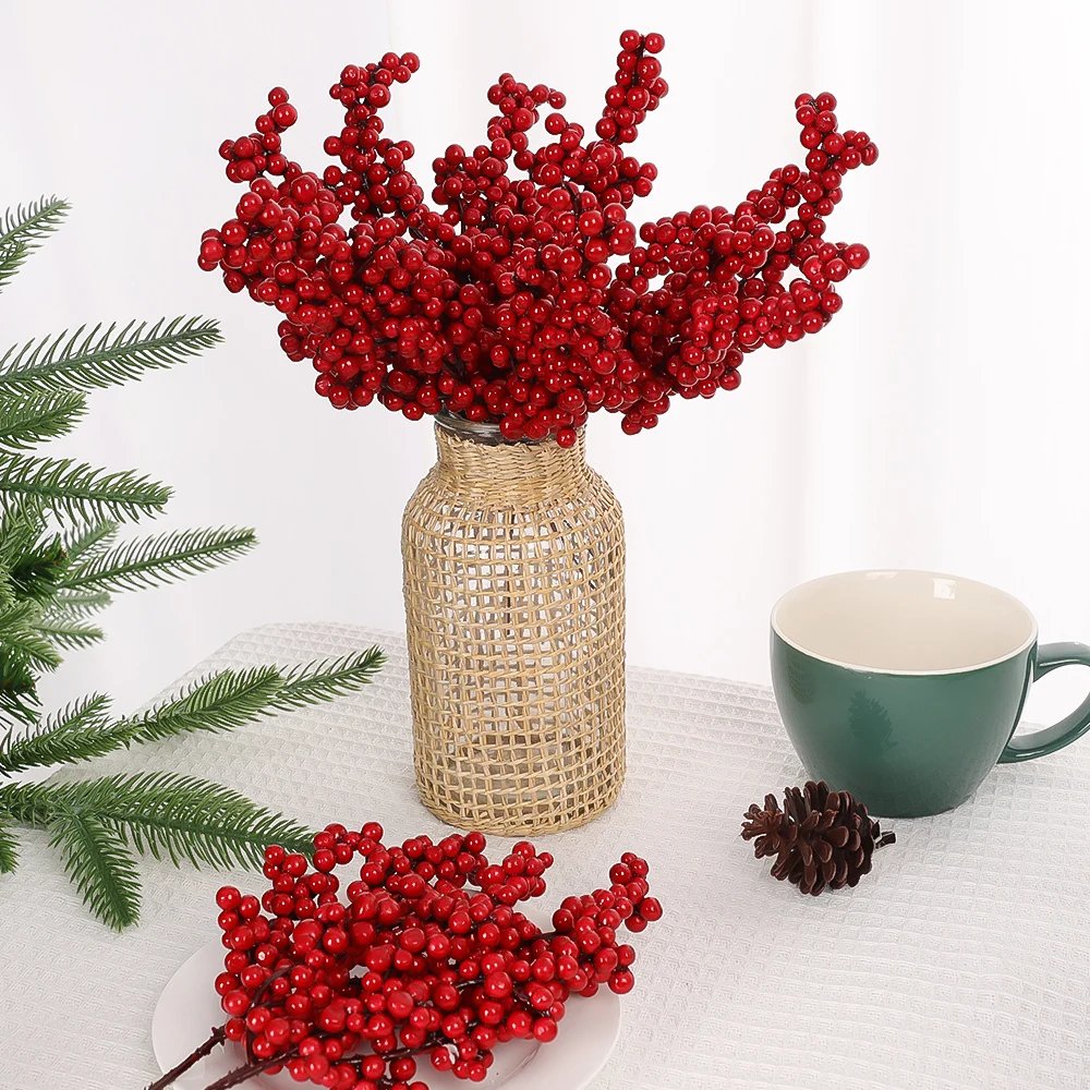 10/1Pcs Artificial Red Berries Christmas Holly Berry Branches Xmas Tree Ornaments Fake Plants For Home Navidad Party Decoration