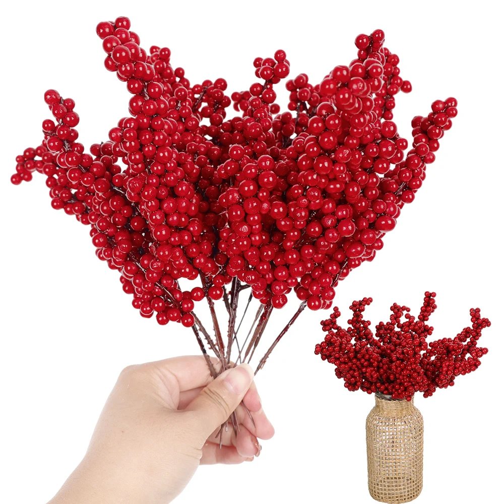 10/1Pcs Artificial Red Berries Christmas Holly Berry Branches Xmas Tree Ornaments Fake Plants For Home Navidad Party Decoration