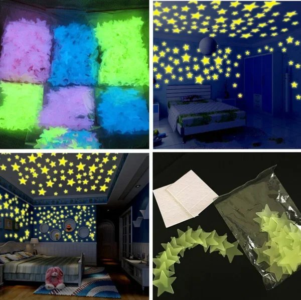 300/50pcs Glow in The Dark 3D Stars Wall Stickers Fluorescent Adhesive Luminous Mural Kids Baby Room Bedroom Ceiling Home Decor