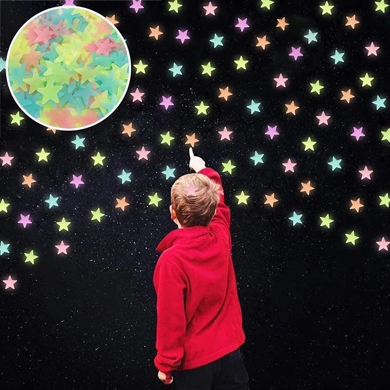 300/50pcs Glow in The Dark 3D Stars Wall Stickers Fluorescent Adhesive Luminous Mural Kids Baby Room Bedroom Ceiling Home Decor