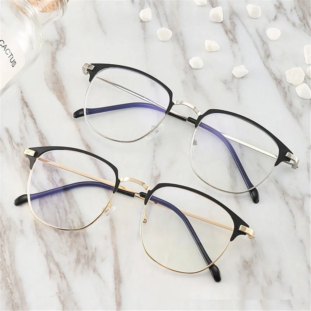Unisex Retro Fashion Finished Myopia Glasses Half Frame Blue Light Blocking Eyewear for Men Women Nearsighted Minus Diopters