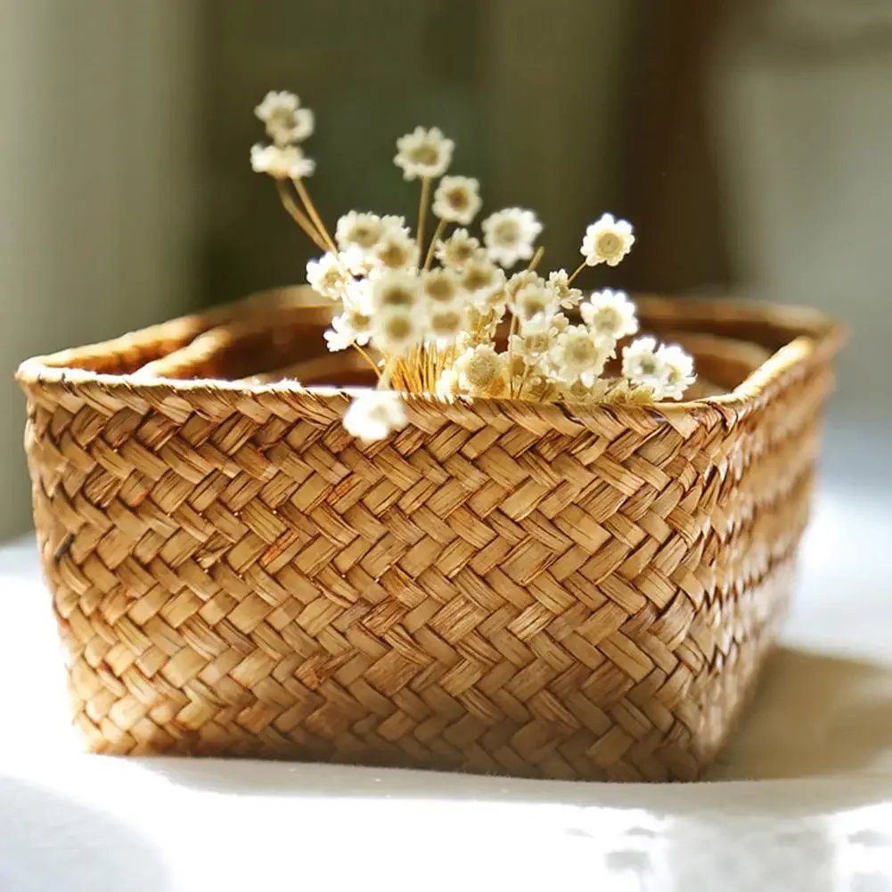 Handmade Straw Dried Flower Fruit Pot Basket Rattan Box Candy Earphone Panier De Rangement Organizer Useful Storage Cesto