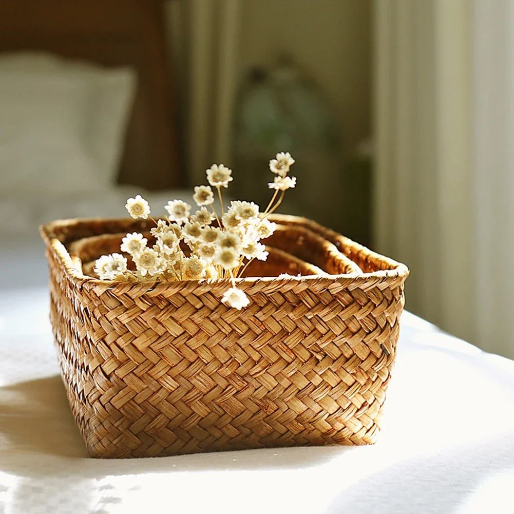 Handmade Straw Dried Flower Fruit Pot Basket Rattan Box Candy Earphone Panier De Rangement Organizer Useful Storage Cesto