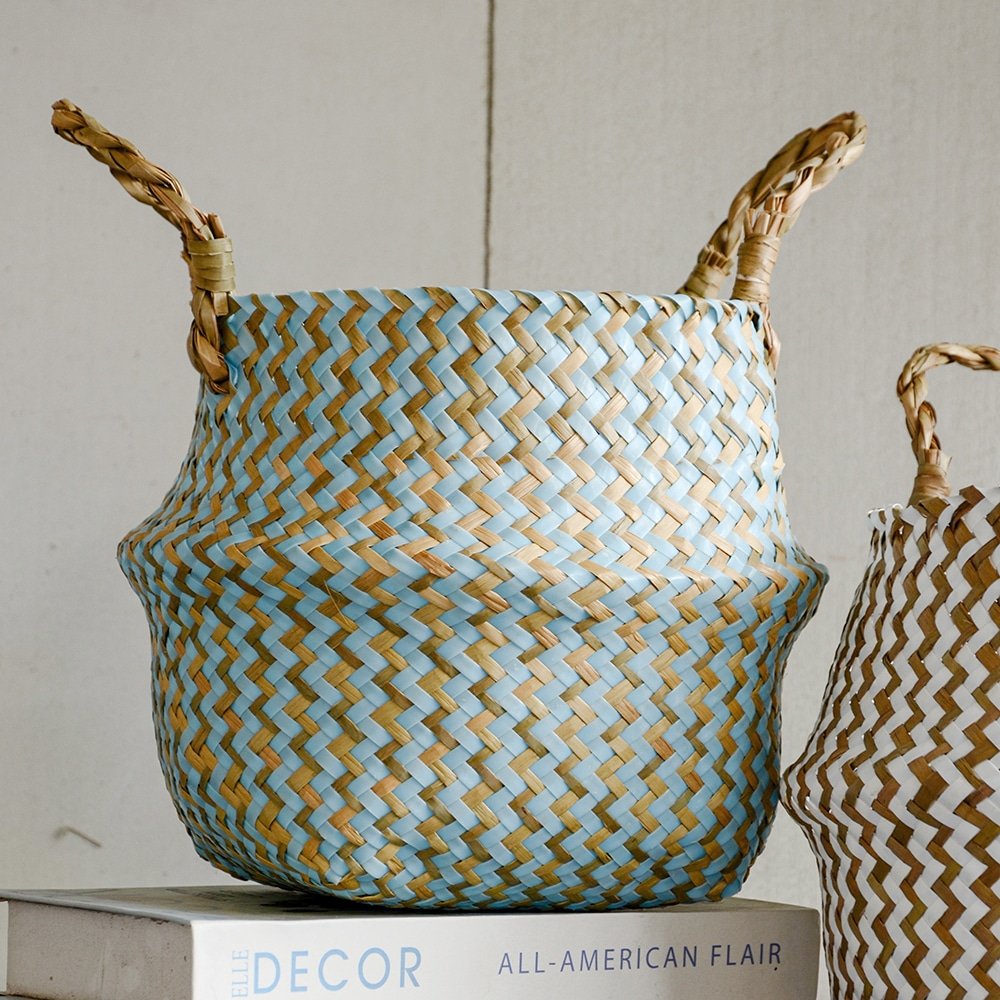Boho Decor Striped Wicker Storage Baskets Handmade Collapsible Laundry Basket Patchwork Seaweed Flower Belly Garden Flower Pot