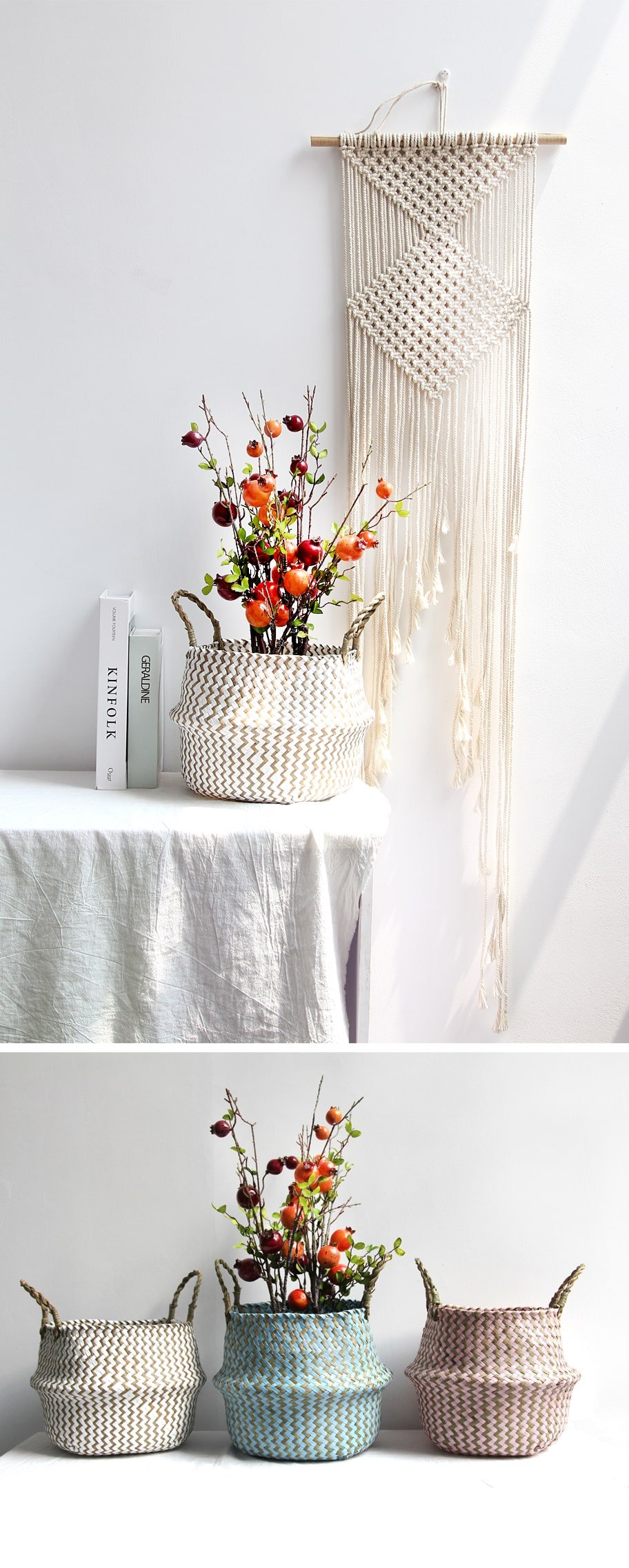 Boho Decor Striped Wicker Storage Baskets Handmade Collapsible Laundry Basket Patchwork Seaweed Flower Belly Garden Flower Pot