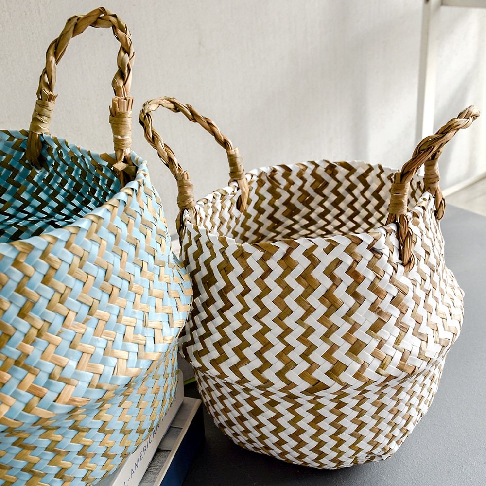 Boho Decor Striped Wicker Storage Baskets Handmade Collapsible Laundry Basket Patchwork Seaweed Flower Belly Garden Flower Pot