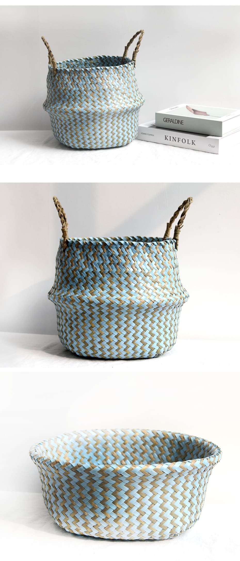 Boho Decor Striped Wicker Storage Baskets Handmade Collapsible Laundry Basket Patchwork Seaweed Flower Belly Garden Flower Pot