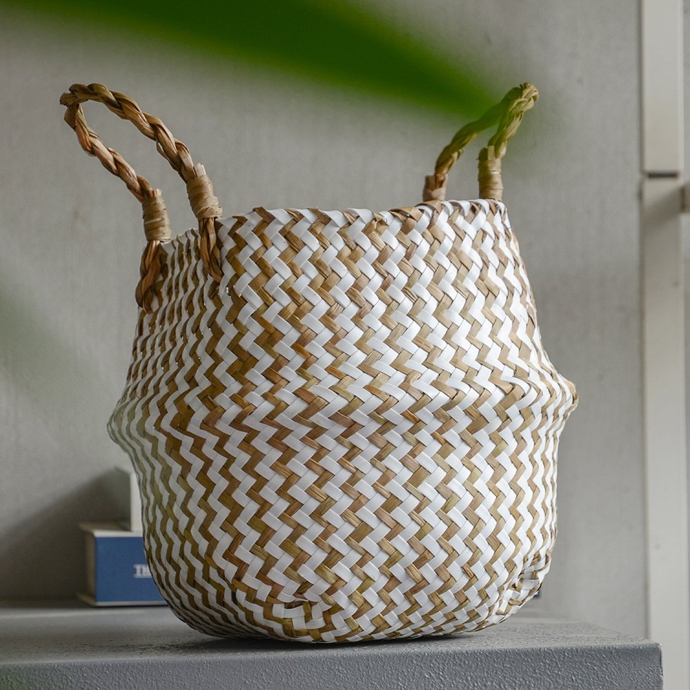 Boho Decor Striped Wicker Storage Baskets Handmade Collapsible Laundry Basket Patchwork Seaweed Flower Belly Garden Flower Pot