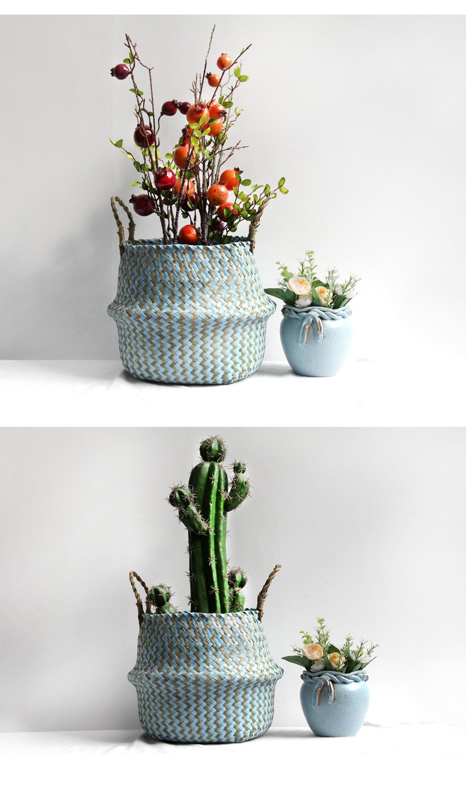Boho Decor Striped Wicker Storage Baskets Handmade Collapsible Laundry Basket Patchwork Seaweed Flower Belly Garden Flower Pot