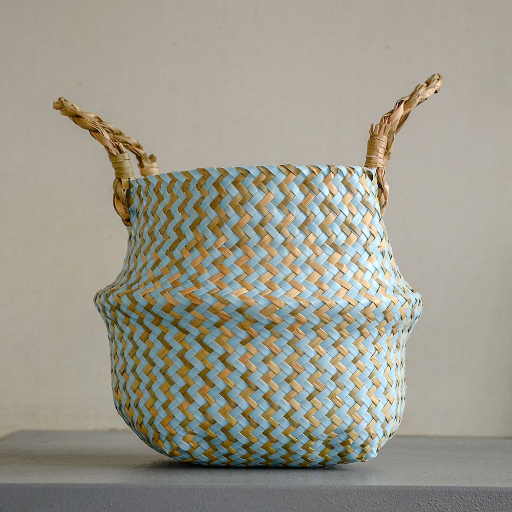 Boho Decor Striped Wicker Storage Baskets Handmade Collapsible Laundry Basket Patchwork Seaweed Flower Belly Garden Flower Pot