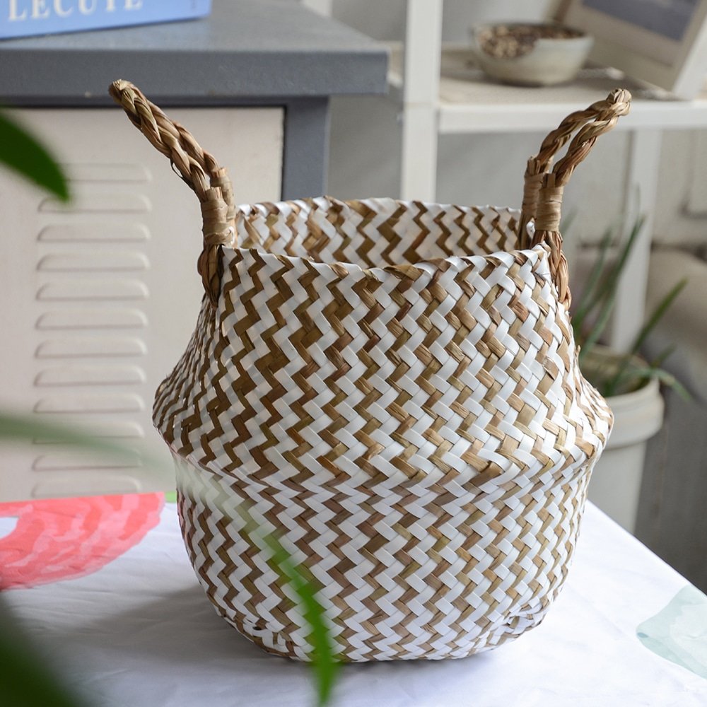 Boho Decor Striped Wicker Storage Baskets Handmade Collapsible Laundry Basket Patchwork Seaweed Flower Belly Garden Flower Pot