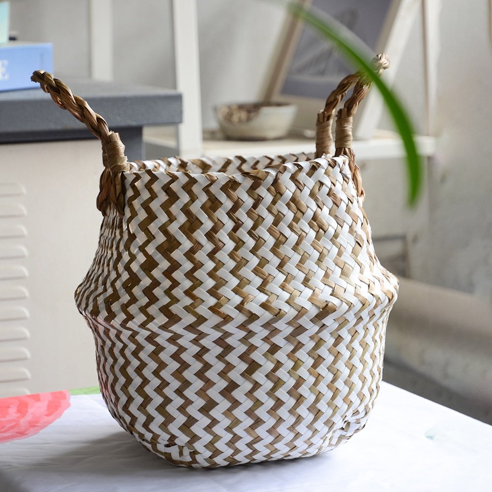 Boho Decor Striped Wicker Storage Baskets Handmade Collapsible Laundry Basket Patchwork Seaweed Flower Belly Garden Flower Pot