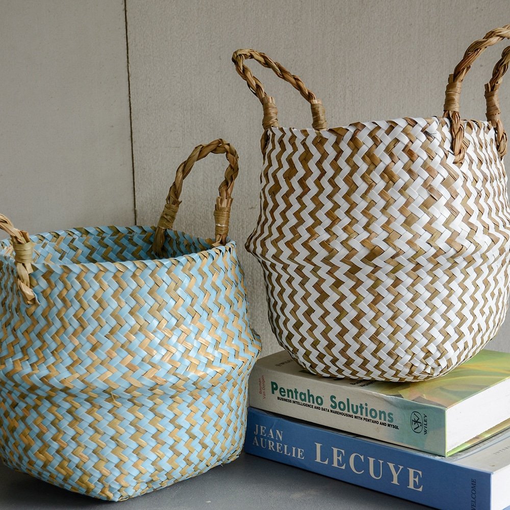 Boho Decor Striped Wicker Storage Baskets Handmade Collapsible Laundry Basket Patchwork Seaweed Flower Belly Garden Flower Pot