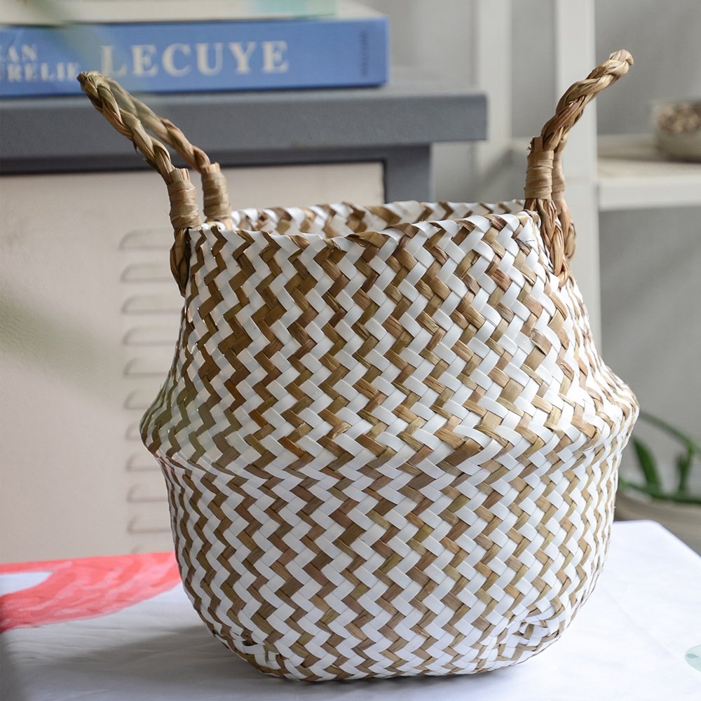 Boho Decor Striped Wicker Storage Baskets Handmade Collapsible Laundry Basket Patchwork Seaweed Flower Belly Garden Flower Pot