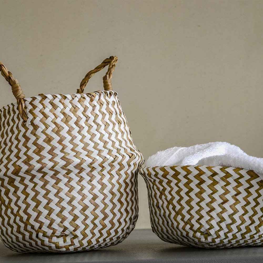 Boho Decor Striped Wicker Storage Baskets Handmade Collapsible Laundry Basket Patchwork Seaweed Flower Belly Garden Flower Pot