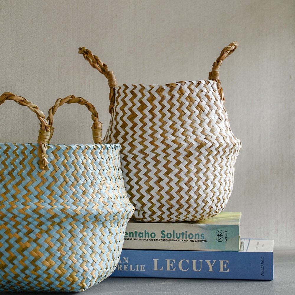 Boho Decor Striped Wicker Storage Baskets Handmade Collapsible Laundry Basket Patchwork Seaweed Flower Belly Garden Flower Pot