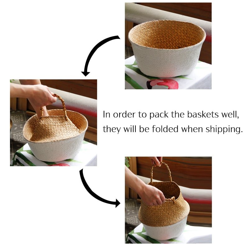 Boho Decor Striped Wicker Storage Baskets Handmade Collapsible Laundry Basket Patchwork Seaweed Flower Belly Garden Flower Pot