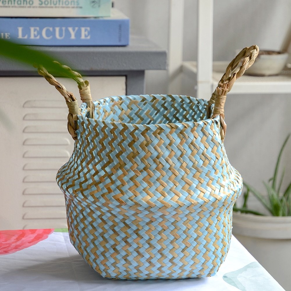 Boho Decor Striped Wicker Storage Baskets Handmade Collapsible Laundry Basket Patchwork Seaweed Flower Belly Garden Flower Pot