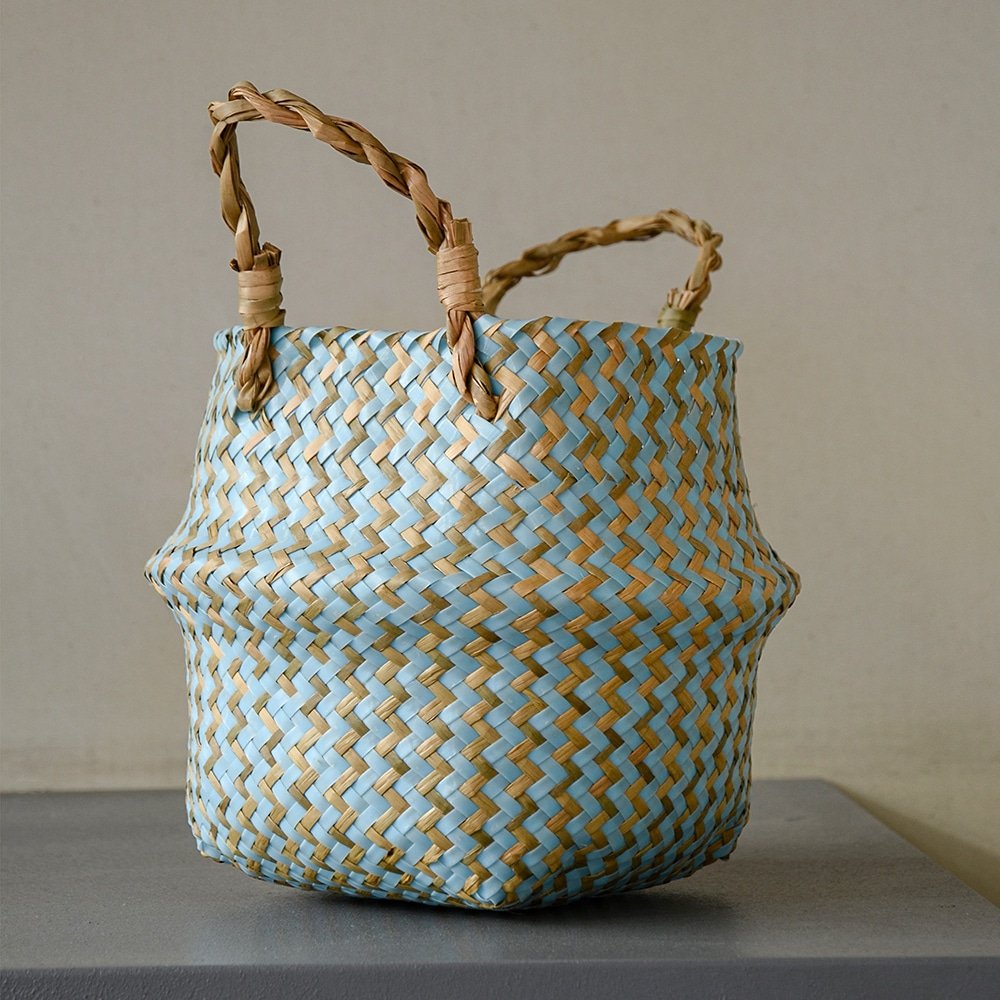 Boho Decor Striped Wicker Storage Baskets Handmade Collapsible Laundry Basket Patchwork Seaweed Flower Belly Garden Flower Pot