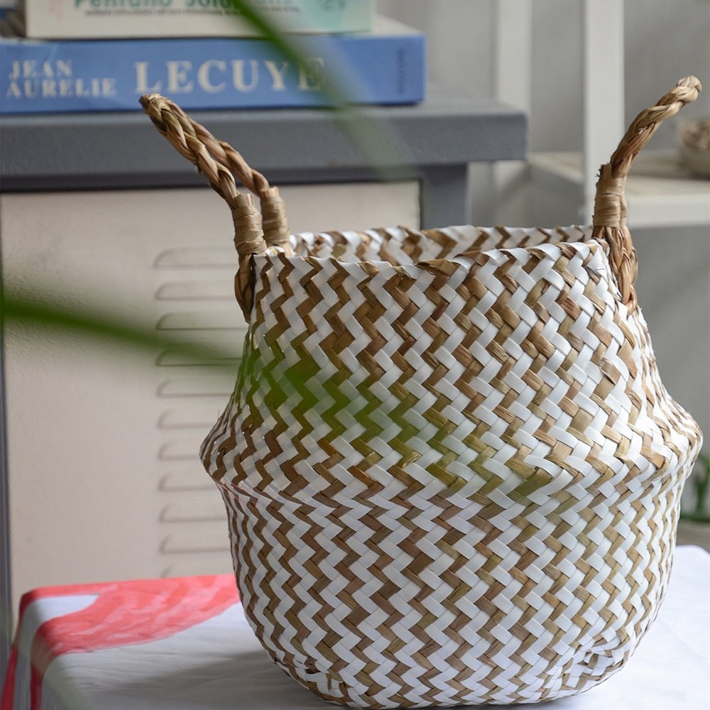 Boho Decor Striped Wicker Storage Baskets Handmade Collapsible Laundry Basket Patchwork Seaweed Flower Belly Garden Flower Pot