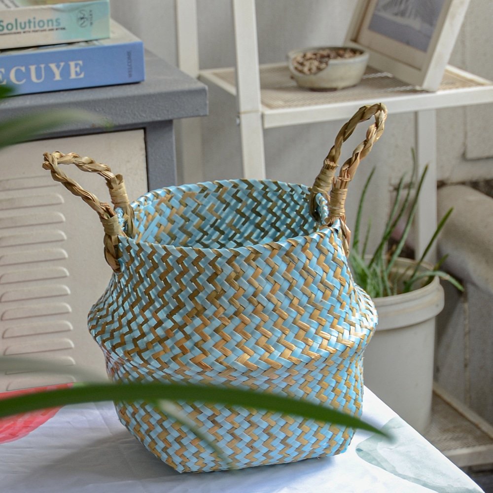 Boho Decor Striped Wicker Storage Baskets Handmade Collapsible Laundry Basket Patchwork Seaweed Flower Belly Garden Flower Pot