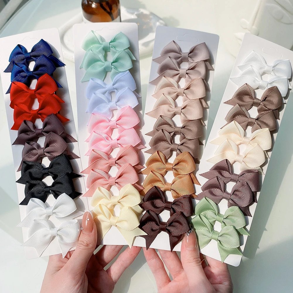 10Pcs/Set Solid Color Kids Bows Hair Clips for Baby Girls Handmade Ribbon Bowknot Hairpin Barrettes New Year Hair Accessories