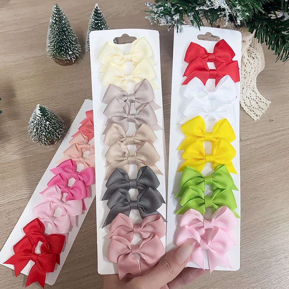 10Pcs/Set Solid Color Kids Bows Hair Clips for Baby Girls Handmade Ribbon Bowknot Hairpin Barrettes New Year Hair Accessories