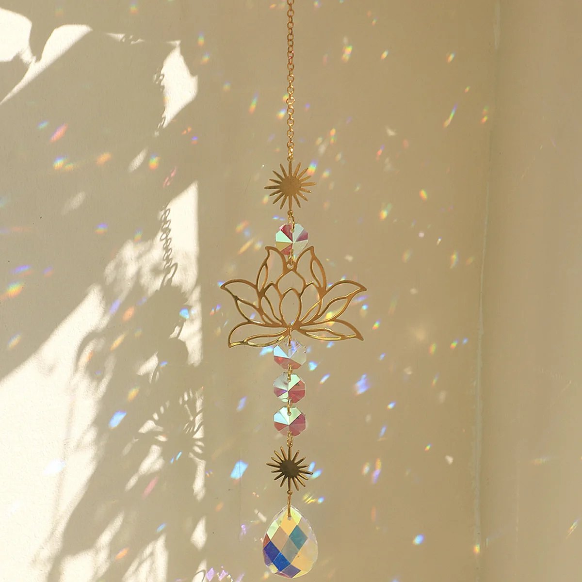 1pc Suncatcher Gardening Crafts Golden Lotus AB Colorful Water Drop Pendant Crystal Decoration Pendant