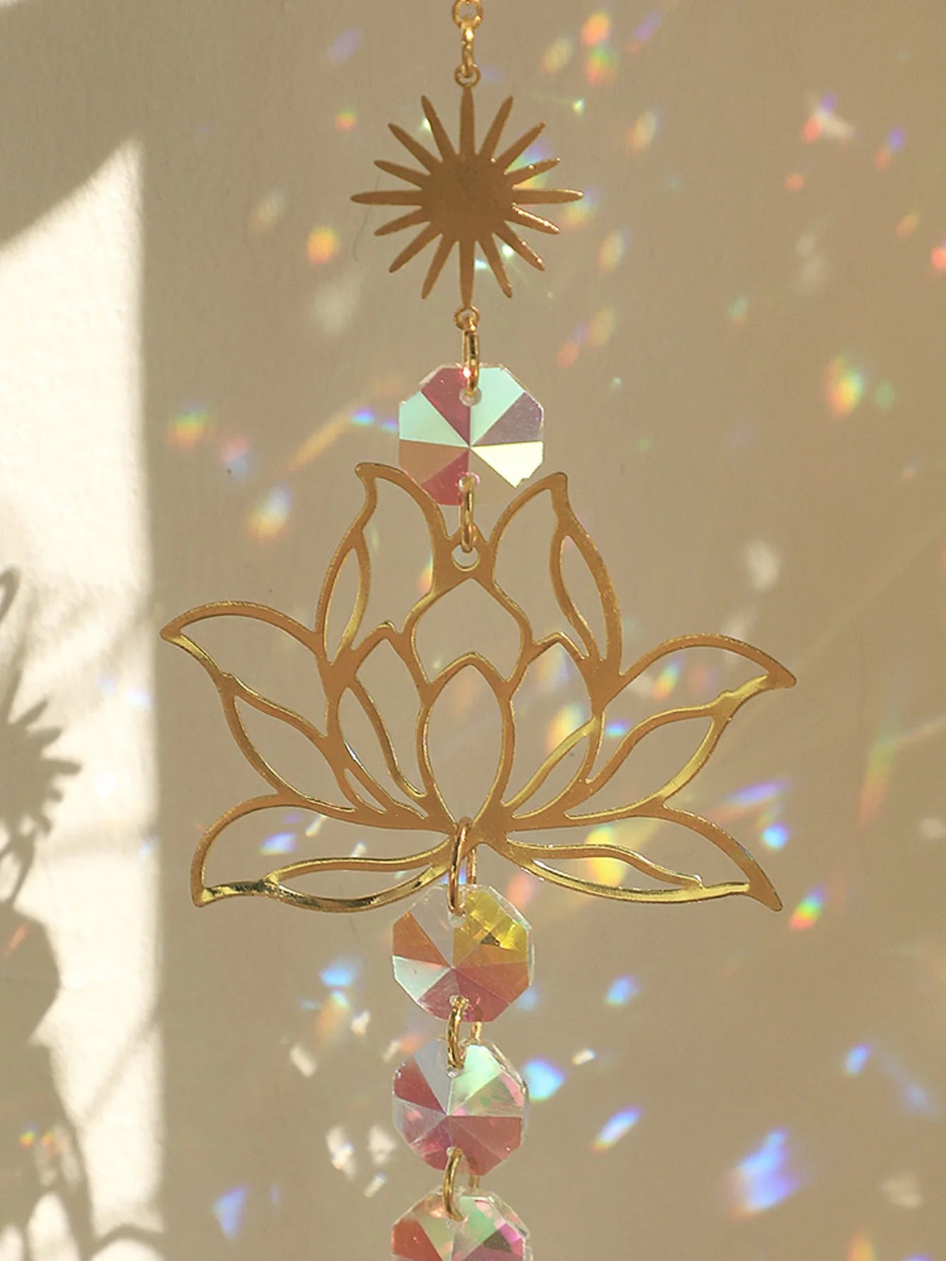 1pc Suncatcher Gardening Crafts Golden Lotus AB Colorful Water Drop Pendant Crystal Decoration Pendant